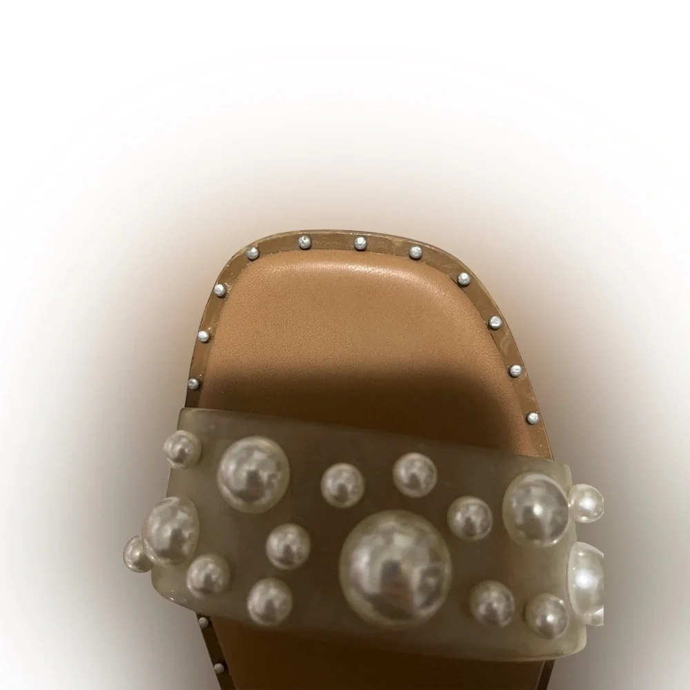 Size 9 Steve Madden Pearl-Embellished Clear Strap Slide Sandals - Nude/Tan - Picture 5 of 8